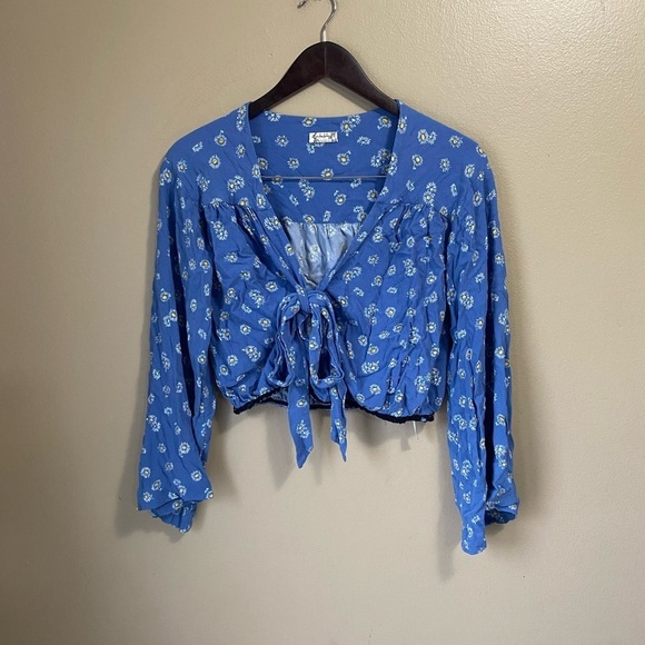 Free People Intimately Floral Bell Sleeve Tie Front Crop Top - Picture 2 of 7